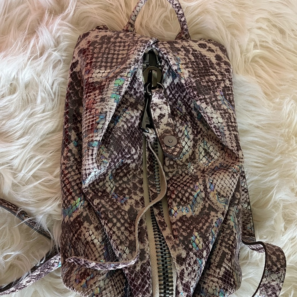 Aimee Kestenberg Taupe Brown Snakeskin-Print Backpack with Iridescent Flecks